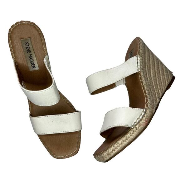 Steve Madden Mackie double strap white leather Espadrille Wedges Sandals size 8 - Picture 1 of 6